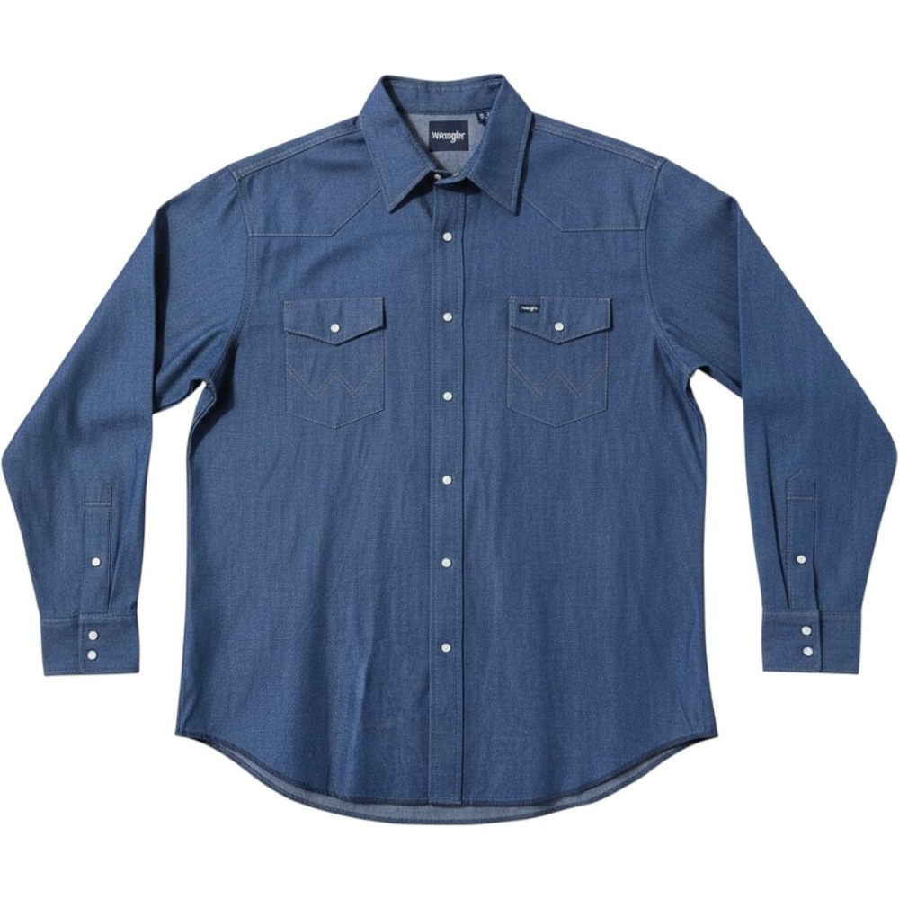 VTG Wrangler Sanforized Blue Denim Men's Pearl Snap Button Western shirt 17.5x35